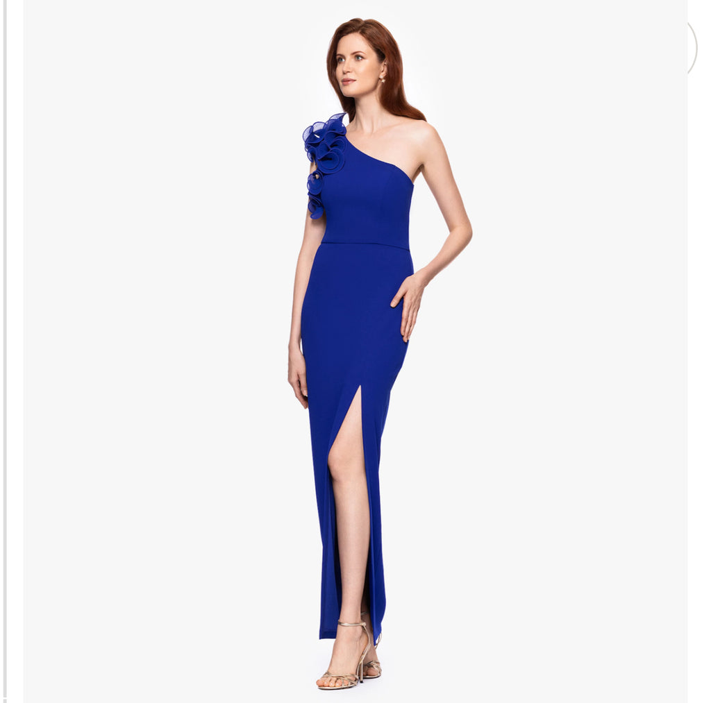 VESTIDO DE UN HOMBRO AZUL REY