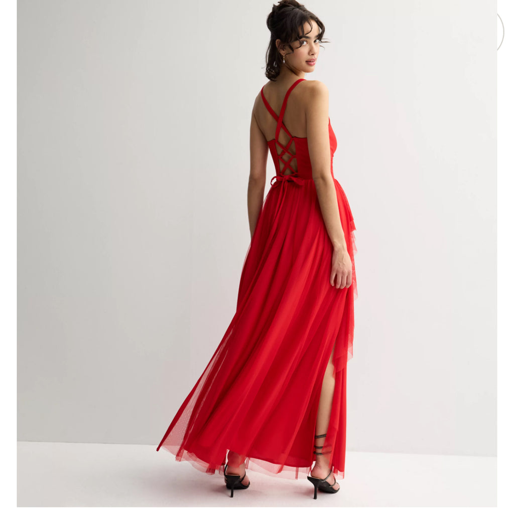 VESTIDO ROJO MESH CON ABERTURA EN PIERNA