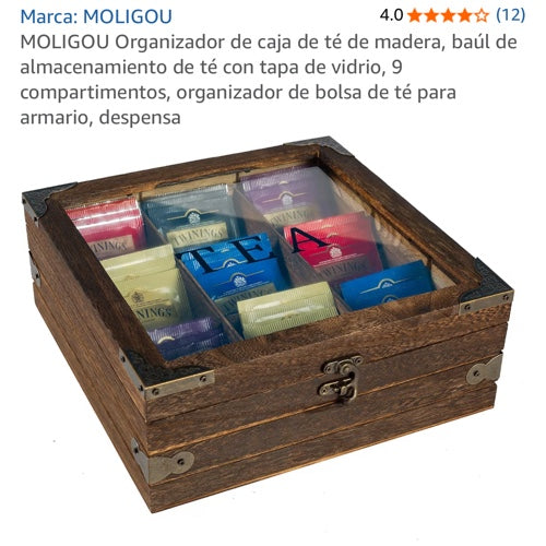 MOLIGOU Organizador de Té de Madera con Tapa de Vidrio